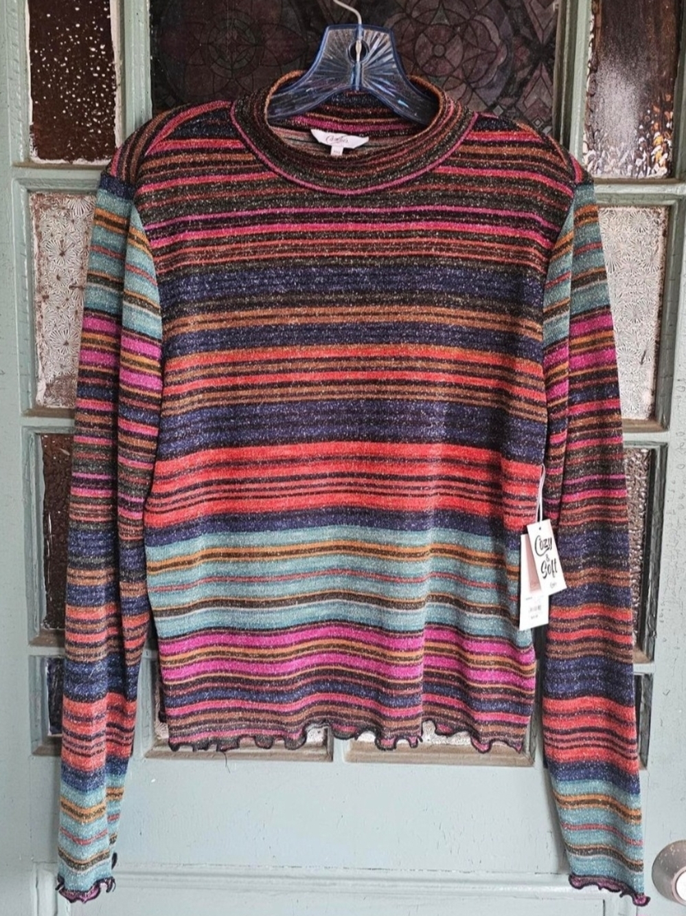 Candie's Multicolor Striped Crewneck Sweater — Coral, Teal, Navy, Purple, Brown